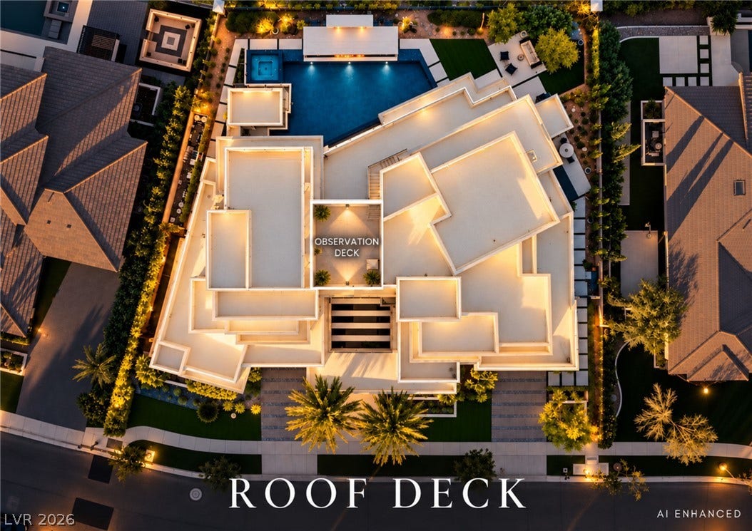 1269 Imperia Drive, Henderson, NV 89052 An aerial perspective showcases a striking modern estate with multi-level flat roofs and custom lighting.
