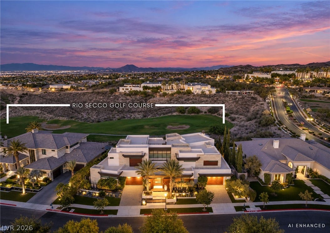 1269 Imperia Drive, Henderson, NV 89052 Contemporary multi-level architecture overlooks the scenic golf course and distant mountain range.