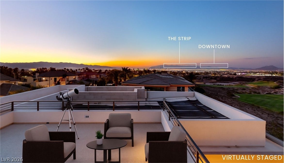 1269 Imperia Drive, Henderson, NV 89052 An open roof deck captures sweeping vistas of the golf course and distant city lights.