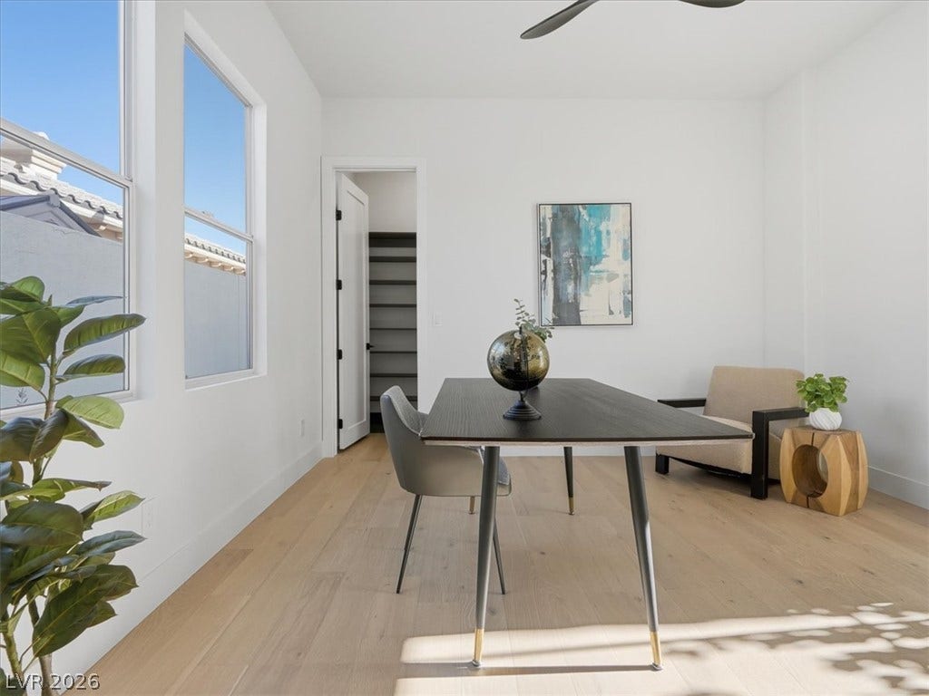 3074 Soft Horizon Way, Las Vegas, NV 89135 Clean lines and light-hued hardwood flooring define this versatile study, offering a bright and functional workspace.