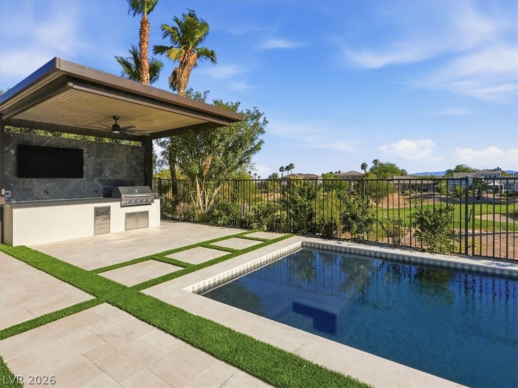 3074 Soft Horizon Way, Las Vegas, NV 89135 An inviting outdoor oasis features a private pool and a covered built-in barbecue area, perfect for entertaining.