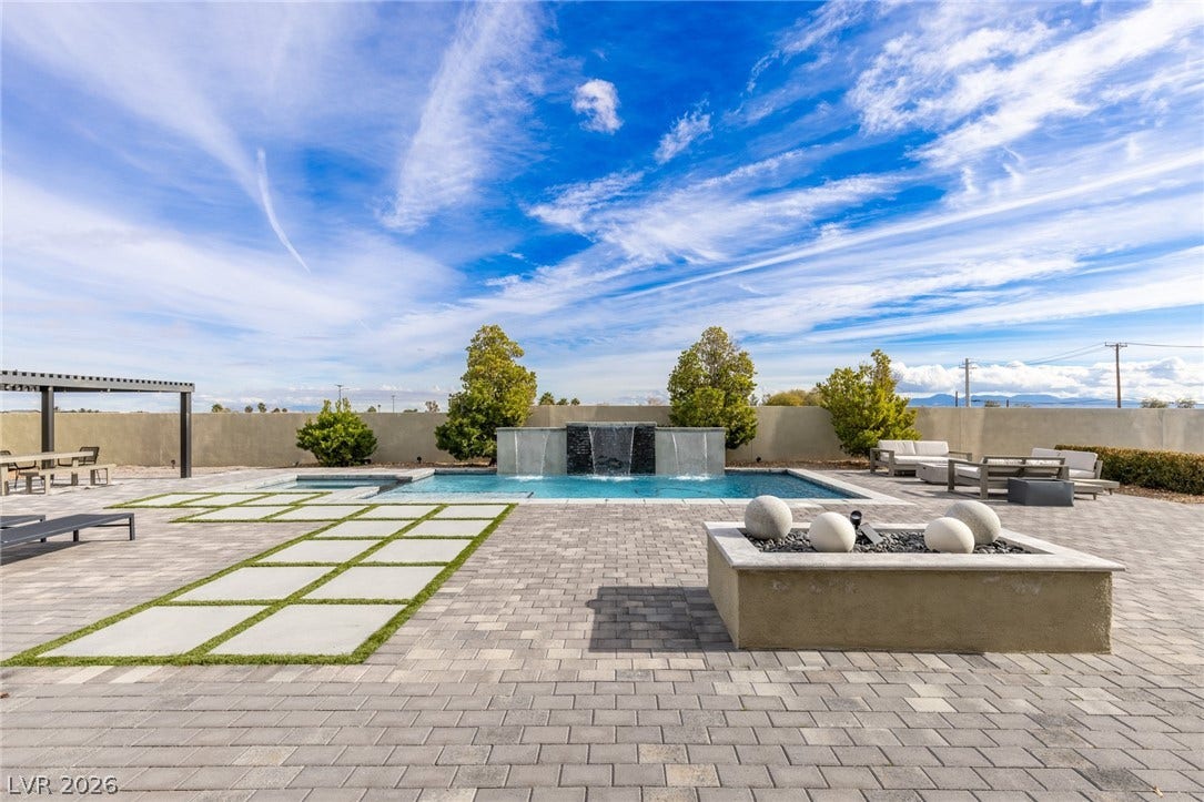 7851 W Wigwam Avenue, Las Vegas, NV 89113 View of pool with a patio area, an outdoor living space with a fire pit, and a fenced backyard