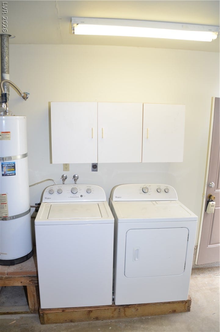 773 Cathy Lane, Henderson, NV 89015 Functional utility space includes built-in cabinetry above the laundry appliances and an adjacent water heater.