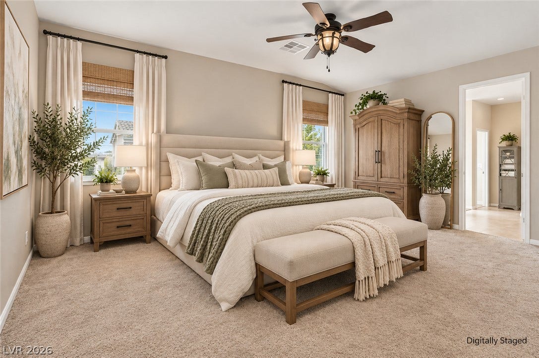 Plush carpeted flooring and multiple large windows define this comfortable bedroom layout. Digitally Staged.