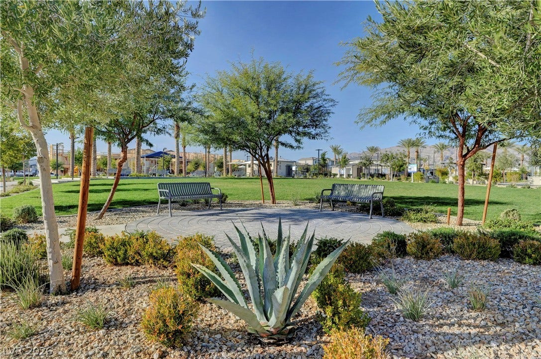 Mature trees and neat ground cover frame a paved park seating area under clear blue skies.