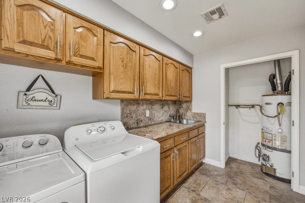 251 W Laval Drive, Henderson, NV 89015 More than just a laundry space, this generously sized room offers abundant upper and lower cabinetry, extensive counter space, a utility sink, and convenient direct access to the backyard.