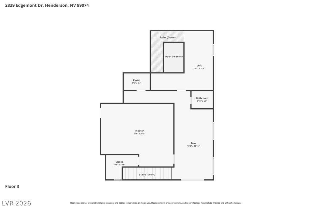 2839 Edgemont Drive, Henderson, NV 89074 Explore the functional layout of this property's third floor, featuring a spacious theater, versatile den, and a private bathroom.