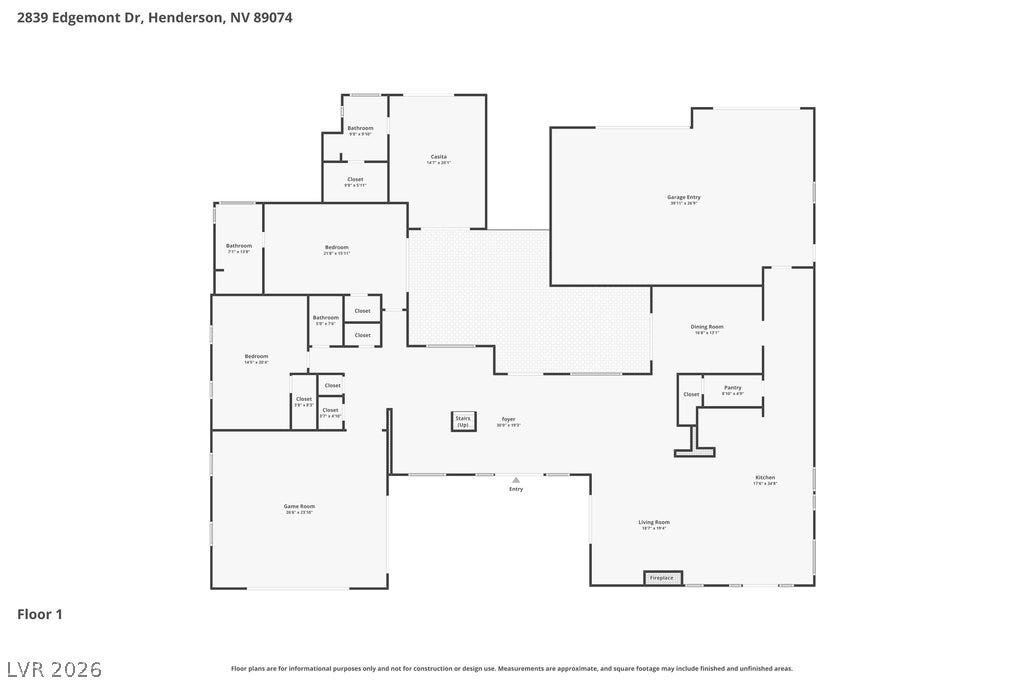 2839 Edgemont Drive, Henderson, NV 89074 A detailed floor plan outlines the layout, including a casita, game room, and a cozy fireplace in the living area.
