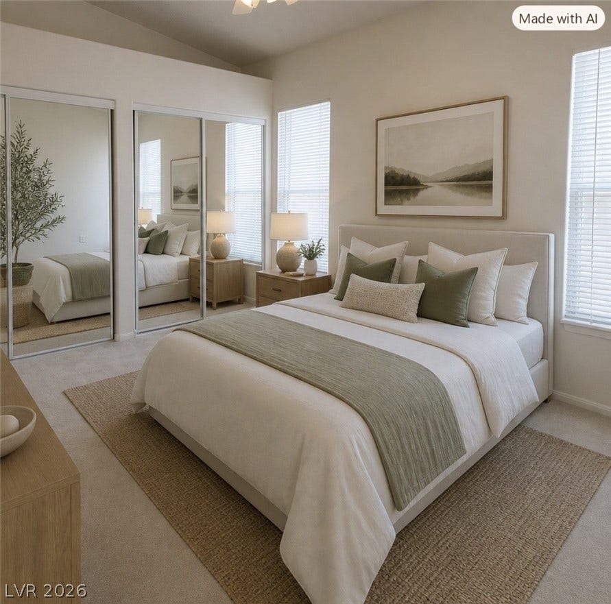 2305 W Horizon Ridge Parkway, #4024, Henderson, NV 89052 Natural light streams through multiple windows onto carpeted flooring in this serene bedroom.