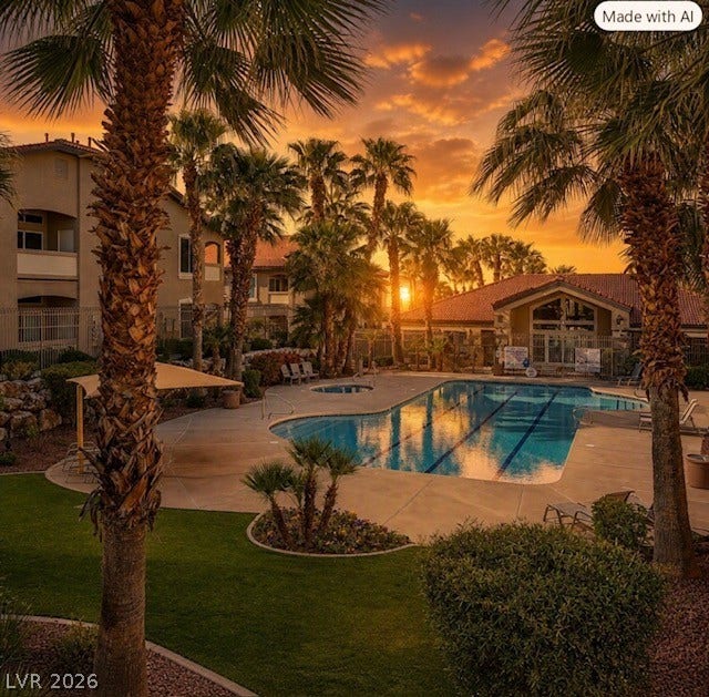 2305 W Horizon Ridge Parkway, #4024, Henderson, NV 89052 Lush palms surround a pristine community swimming pool under a glowing sunset sky.