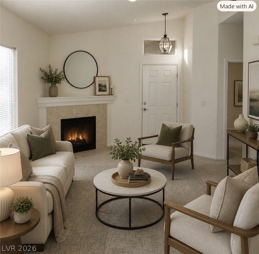 2305 W Horizon Ridge Parkway, #4024, Henderson, NV 89052 Warm light fills this inviting space centered around a corner fireplace and carpeted flooring.