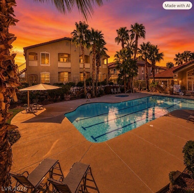 2305 W Horizon Ridge Parkway, #4024, Henderson, NV 89052 Palm trees surround a heated swimming pool set against a vibrant evening sky.