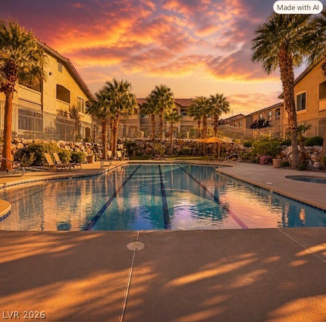 2305 W Horizon Ridge Parkway, #4024, Henderson, NV 89052 Palm trees and a spacious concrete deck surround the shimmering swimming pool.