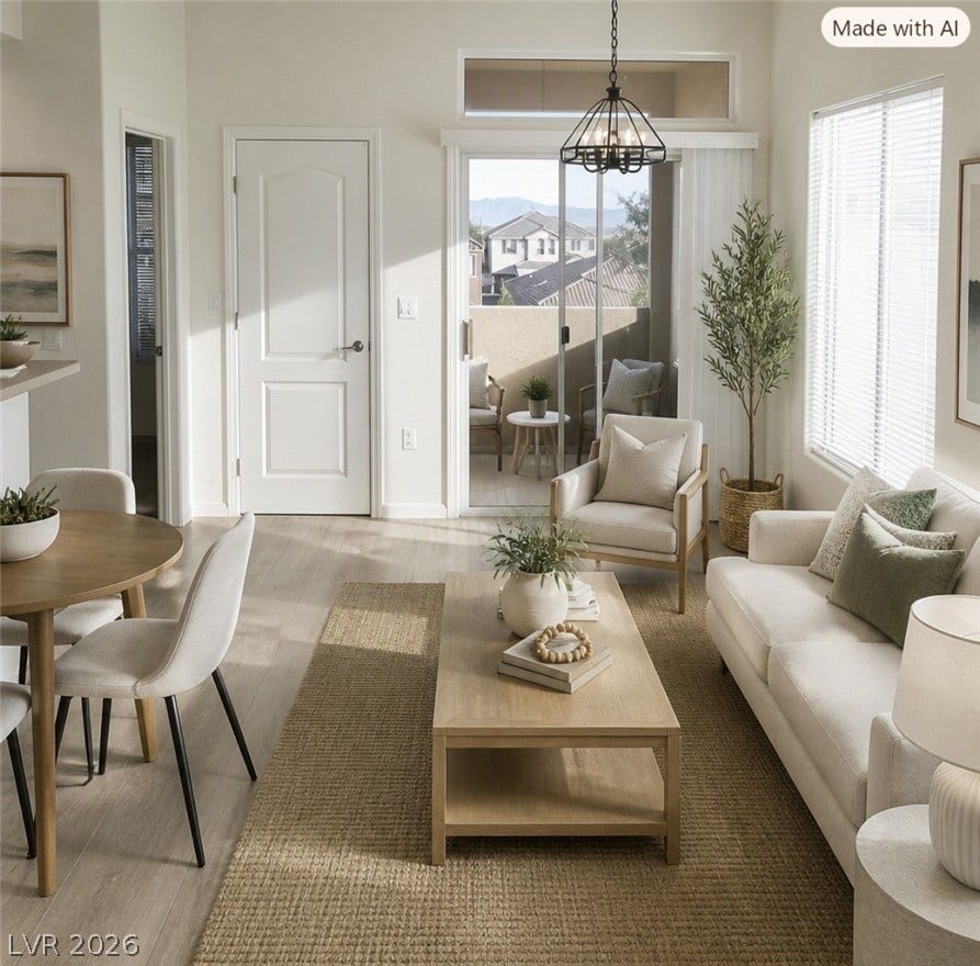 2305 W Horizon Ridge Parkway, #4024, Henderson, NV 89052 Natural light streams through sliding glass doors, highlighting the open layout and warm wood flooring.