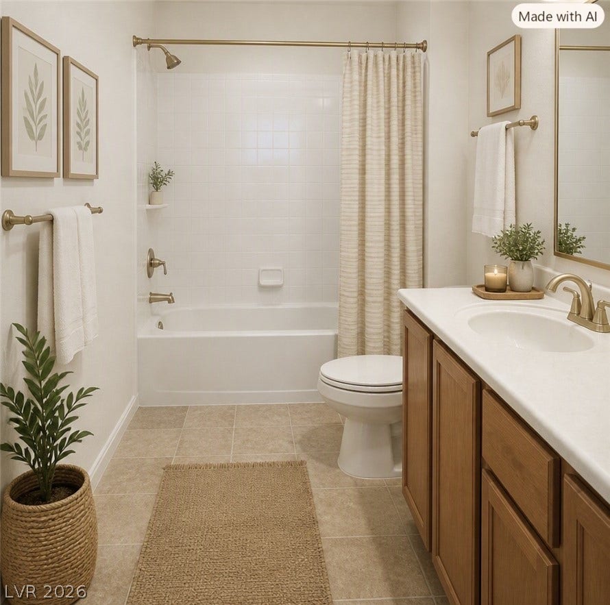 2305 W Horizon Ridge Parkway, #4024, Henderson, NV 89052 Tiled flooring and a classic tub shower surround highlight this well-appointed bathroom.