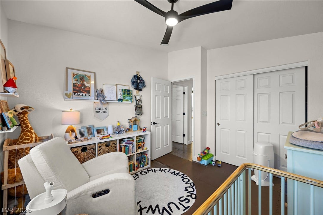 1421 Dragon Rock Drive, Henderson, NV 89052 Smooth walls and a classic panel door define this versatile bedroom space.