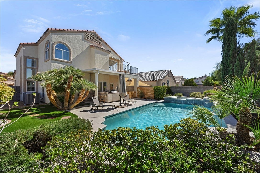 1421 Dragon Rock Drive, Henderson, NV 89052 An inviting backyard oasis features a shimmering swimming pool surrounded by manicured desert landscaping.