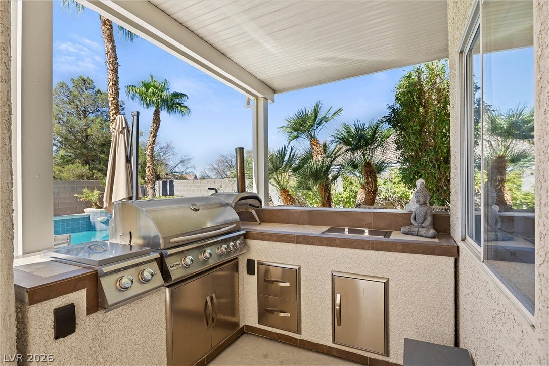 1421 Dragon Rock Drive, Henderson, NV 89052 A covered outdoor kitchen features built-in cooking appliances alongside a sparkling pool view.