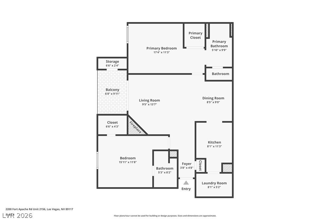 2200 S Fort Apache Road, #2156, Las Vegas, NV 89117 A clear, detailed floor plan illustrating the layout of a residence, complete with room dimensions and designations.