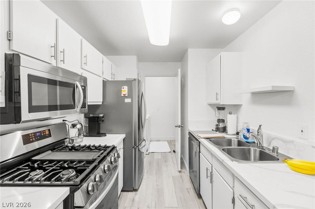 2200 S Fort Apache Road, #2156, Las Vegas, NV 89117 A well-equipped kitchen offers essential appliances and ample counter space for daily culinary tasks.