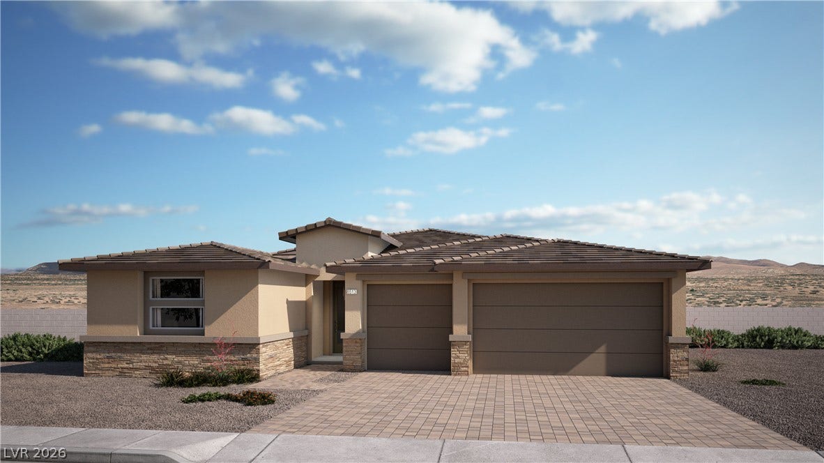 Modern single-story design combines stone accents with a spacious paved driveway under desert skies.