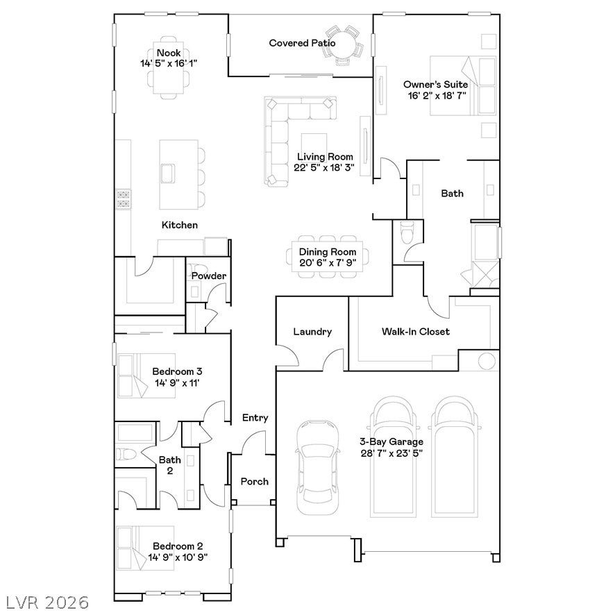 A detailed layout illustrating the spacious flow of this single-story home floor plan.