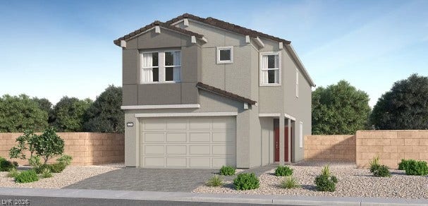 Clean architectural lines define this modern two-story exterior with a two-car garage and low-maintenance landscaping.