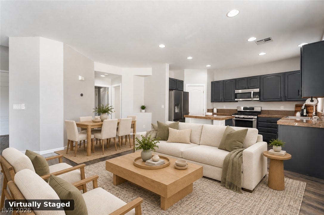 6527 Velvet Silk Street, North Las Vegas, NV 89084 An open floor plan seamlessly connects the kitchen, dining area, and living space.