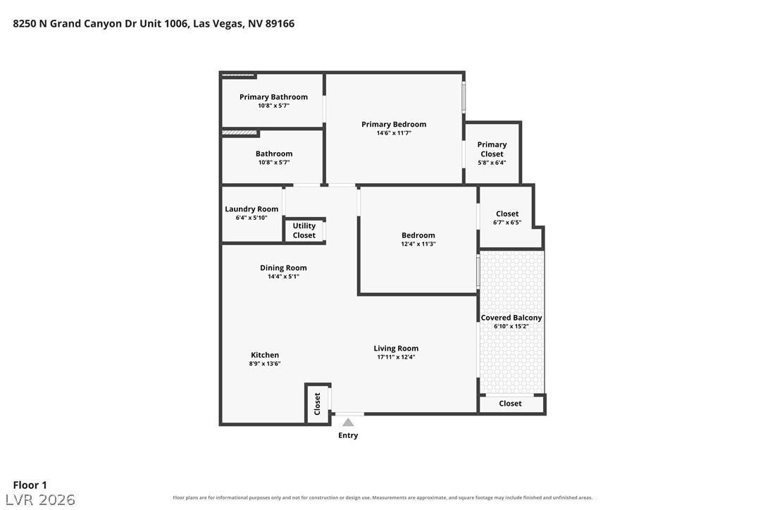 8250 N Grand Canyon Drive, #1006, Las Vegas, NV 89166 An organized floor plan outlines a spacious layout complete with a private balcony.