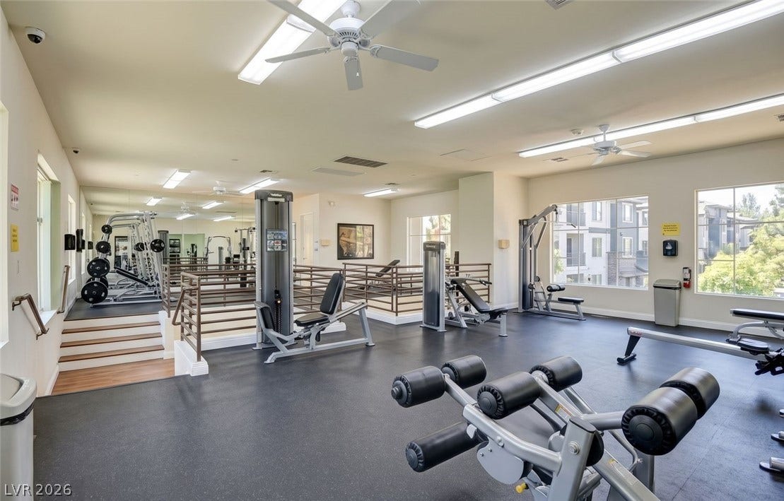 7173 S Durango Drive, #212, Las Vegas, NV 89113 Generous windows fill this multi-level fitness space with natural light.