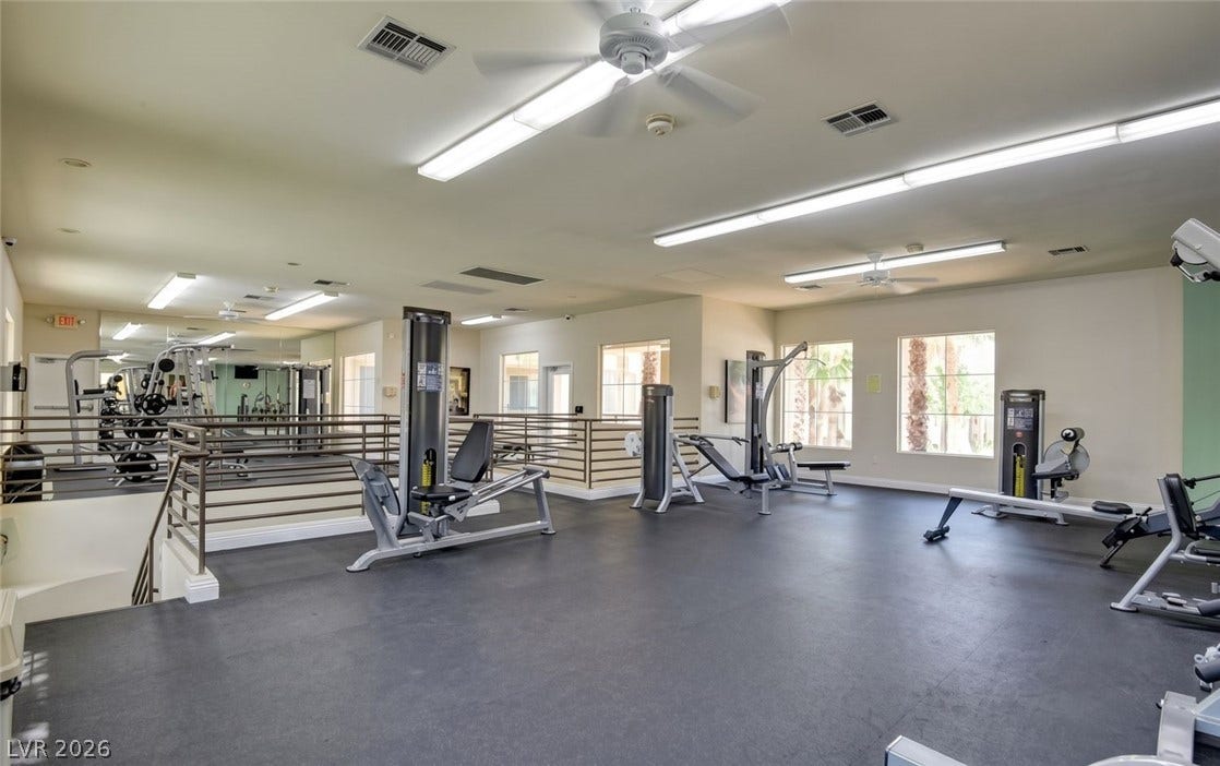 7173 S Durango Drive, #212, Las Vegas, NV 89113 An expansive exercise room features multiple workout stations, durable flooring, and ample natural light.