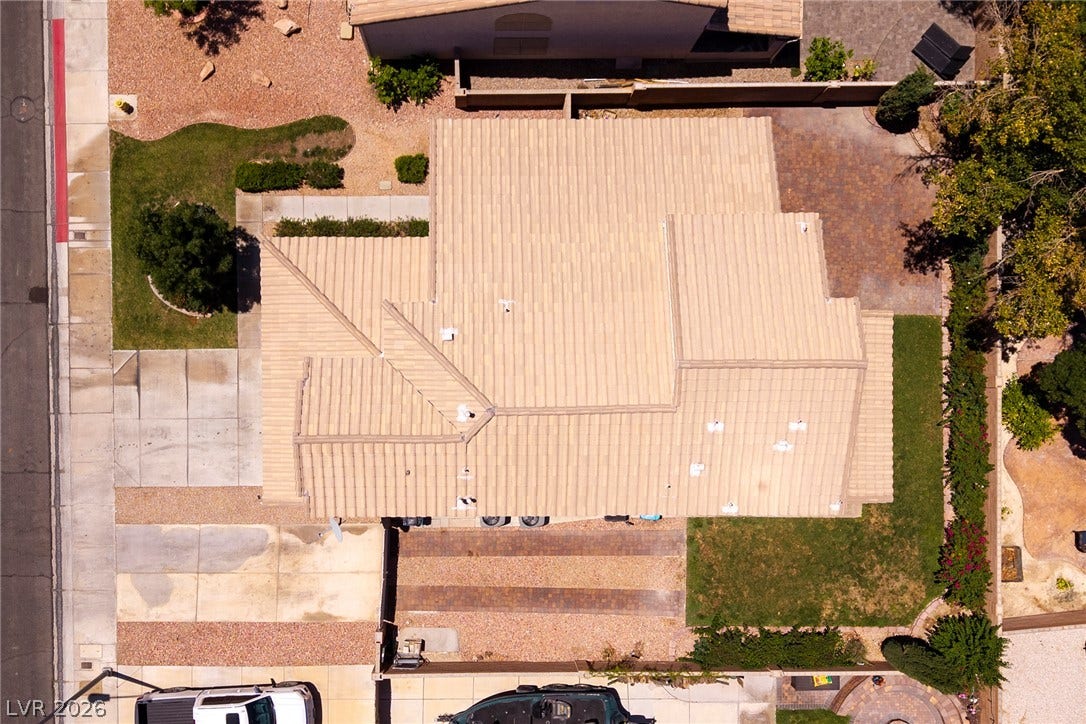 An aerial perspective showing roof and footprint of home.