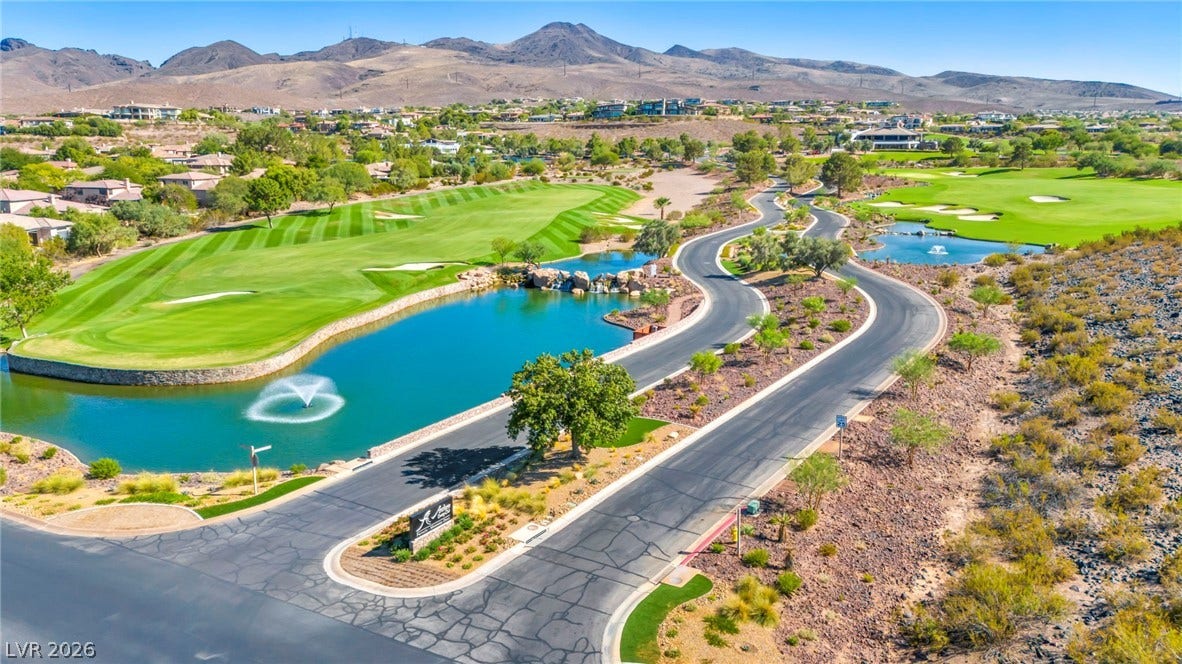37 Stonemark Drive, Henderson, NV 89052 Birds eye view of property featuring view of golf course, a residential view, and a water and mountain view