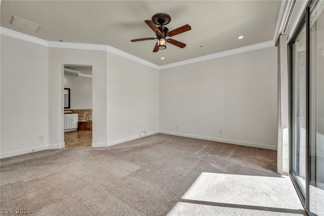 37 Stonemark Drive, Henderson, NV 89052 Carpeted empty room featuring visible vents, baseboards, a ceiling fan, crown molding, and recessed lighting