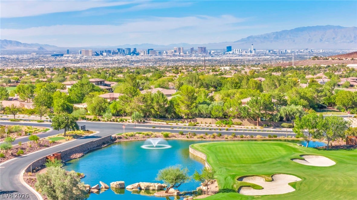 37 Stonemark Drive, Henderson, NV 89052 Drone / aerial view with view of golf course, a water and mountain view, and a view of city