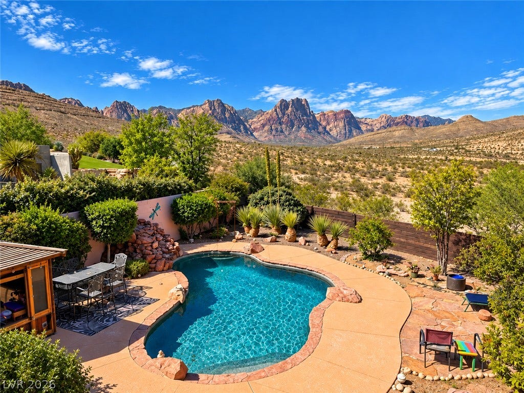 29 Cottonwood Drive, Blue Diamond, NV 89004 Majestic Red Rock Canyon views from this private backyard oasis complete with a resort style swimming pool.
