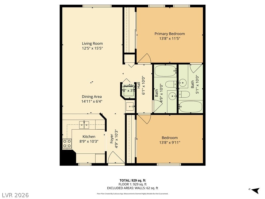 2036 Mesquite Lane, #303, Laughlin, NV 89029 A detailed layout illustrates the functional flow of this well-designed two-bedroom residential space.