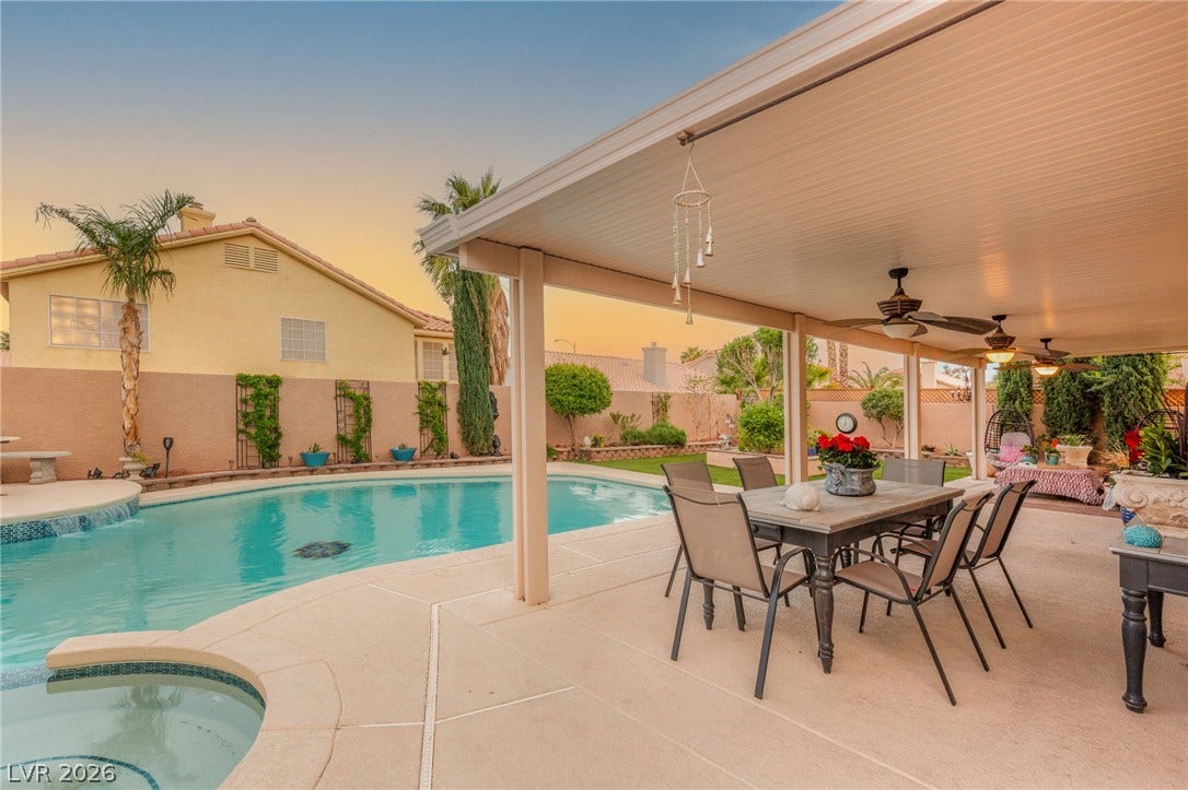 3950 Candleglow Court, Las Vegas, NV 89147 A spacious covered patio overlooks the sparkling pool and integrated spa in the private backyard.