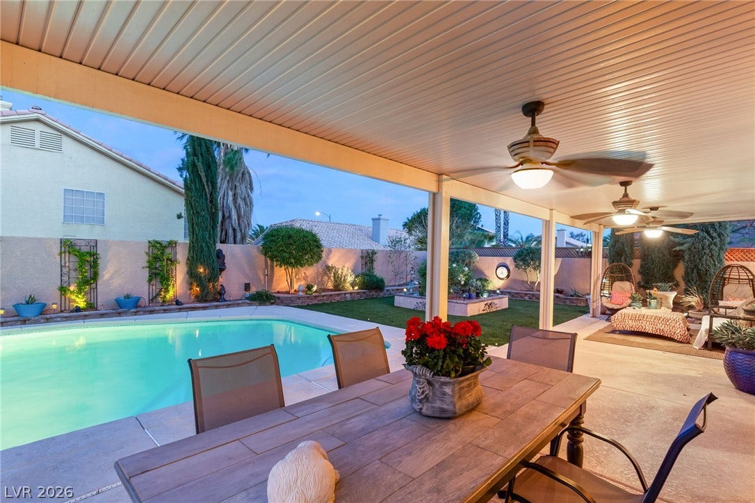 3950 Candleglow Court, Las Vegas, NV 89147 A covered patio offers an inviting outdoor dining space overlooking the pool and yard.
