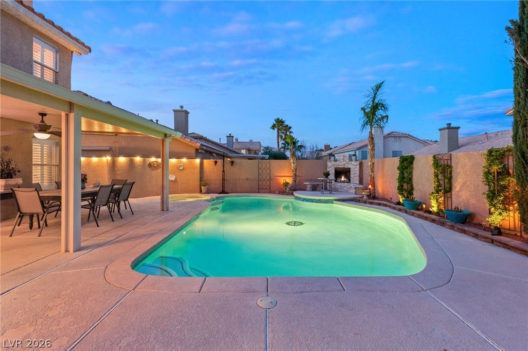 3950 Candleglow Court, Las Vegas, NV 89147 A sparkling swimming pool serves as the centerpiece of this tranquil backyard setting.