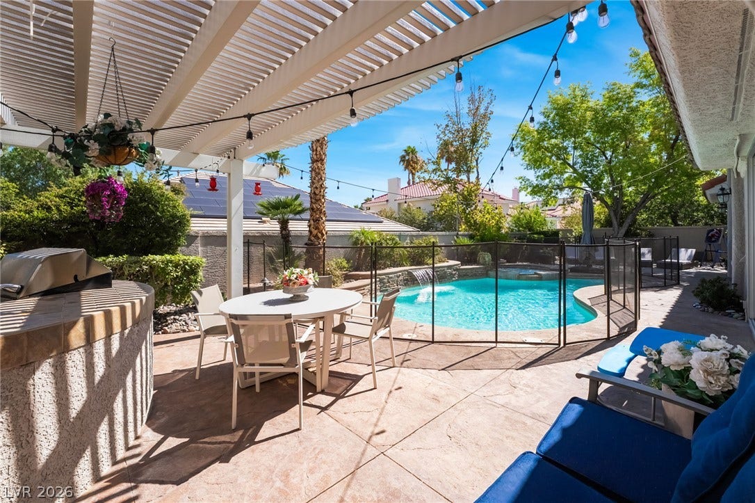 1892 Woodhaven Drive, Henderson, NV 89074 Outdoor oasis with a covered patio, built-in grill, and a sparkling fenced pool for endless enjoyment.