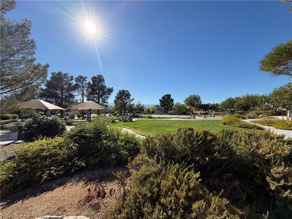 4327 Oasis Hill Avenue, North Las Vegas, NV 89085 Lush manicured grass and shade structures define this sprawling neighborhood park under a clear sky.