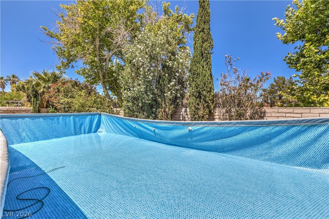 Mature trees and block wall fencing frame this private above-ground swimming pool.