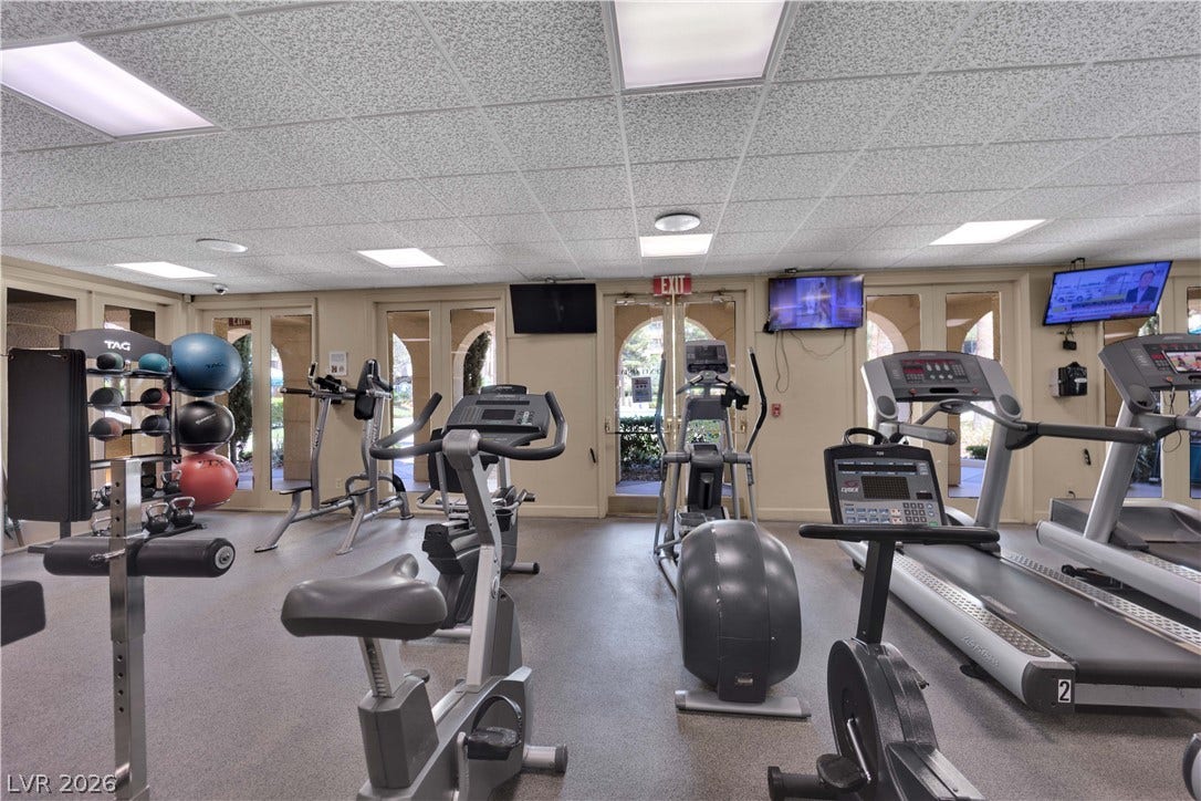 220 E Flamingo Road, #117, Las Vegas, NV 89169 Double doors open to the outdoor common areas from this well-equipped community fitness center.