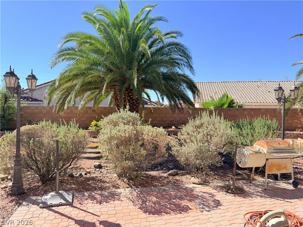 3917 Robin Knot Court, North Las Vegas, NV 89084 2 pole lights are accented with mature palms and desert plantings border the paved patio area under clear blue skies.