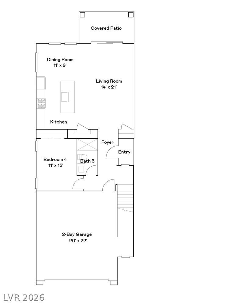A detailed layout illustrating the flow of the main living spaces and garage.