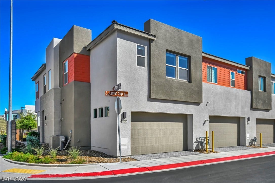 9826 Canyon Sage Street, Las Vegas, NV 89141 Striking contemporary architecture defines this corner-lot townhome featuring clean geometric lines and private garage parking.
