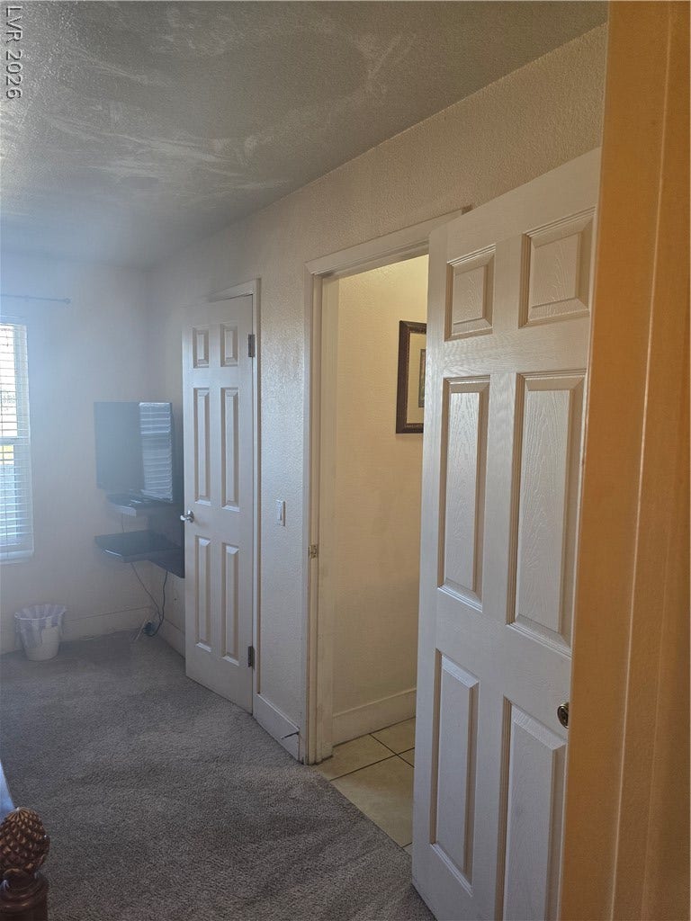 Plush carpeted flooring and classic paneled doors define this inviting interior hallway space.