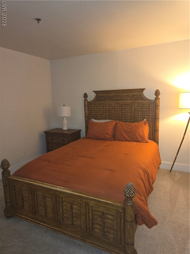 Soft carpet flooring paired with neutral walls defines this restful sleeping space.