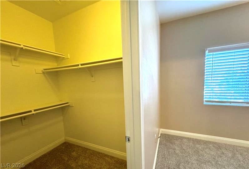 An organized walk-in closet stands adjacent to a bedroom featuring plush carpet and natural light.